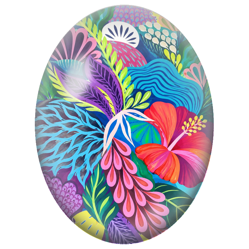 Cabochon en Verre Illustré Hibiscus et Feuillage Abstrait Multicolore 13x18, 18x25 ou 30x40mm