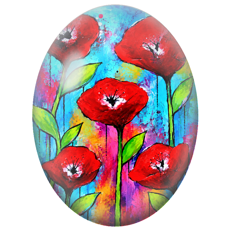 Cabochon en Verre Illustré Coquelicots Rouges sur Fond Turquoise Abstrait 13x18, 18x25 ou 30x40mm