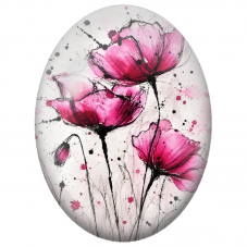 Cabochon en Verre Illustré Coquelicots Fuchsia à l’Encre 13x18, 18x25 ou 30x40mm - Pour la Création de Bijoux Fantaisie - DIY