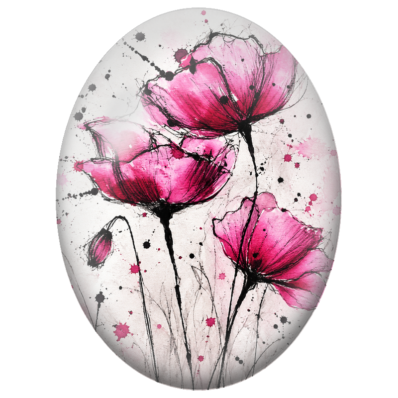 Cabochon en Verre Illustré Coquelicots Fuchsia à l’Encre 13x18, 18x25 ou 30x40mm