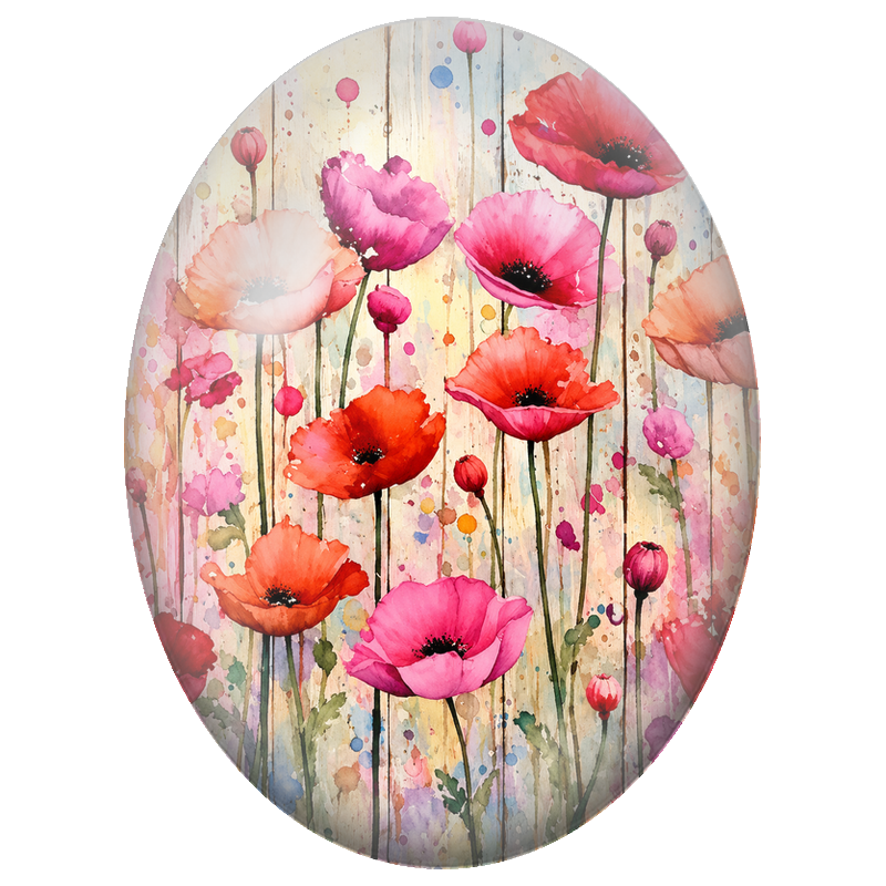 Cabochon en Verre Illustré Coquelicots Roses et Orange sur Bois Clair 13x18, 18x25 ou 30x40mm