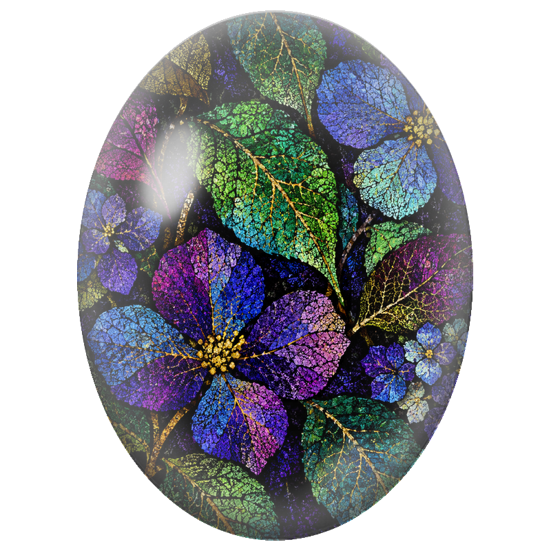 Cabochon en Verre Illustré Hortensias Bleus et Violets aux Nervures Dorées 13x18, 18x25 ou 30x40mm