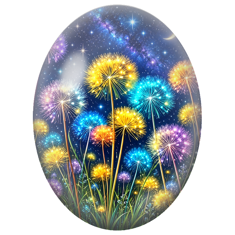 Cabochon en Verre Illustré Pissenlits Lumineux sous les Étoiles 13x18, 18x25 ou 30x40mm