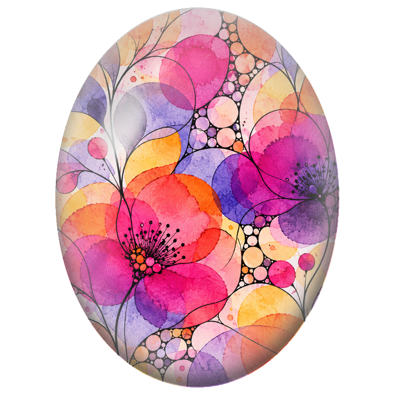 Cabochon en Verre Illustré Fleurs Abstraites Roses Orange et Violettes 13x18, 18x25 ou 30x40mm