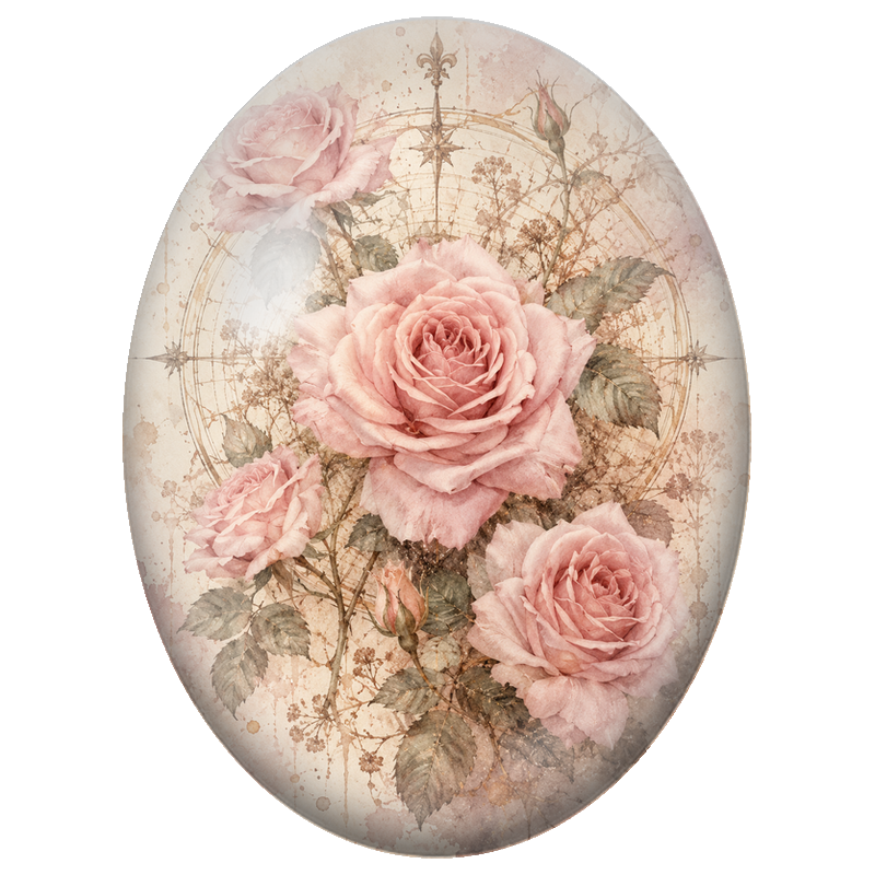 Cabochon en Verre Illustré Roses Poudrées et Rose des Vents 13x18, 18x25 ou 30x40mm