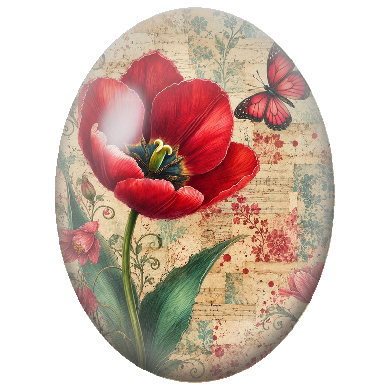 Cabochon en Verre Illustré Tulipe Rouge et Papillon Vintage 13x18, 18x25 ou 30x40mm