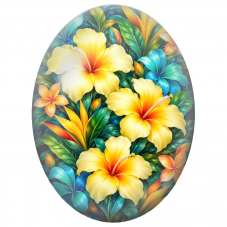 Cabochon en Verre Illustré Hibiscus Jaunes et Fleurs Tropicales 13x18, 18x25 ou 30x40mm - Pour la Création de Bijoux Fantaisie