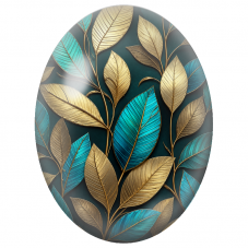 Cabochon en Verre Illustré Feuillage Turquoise et Doré sur Fond Noir 13x18, 18x25 ou 30x40mm - Pour la Création de Bijoux