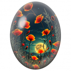 Cabochon en Verre Illustré Coquelicots Orange sous la Pleine Lune 13x18, 18x25 ou 30x40mm - Pour la Création de Bijoux Fantaisie