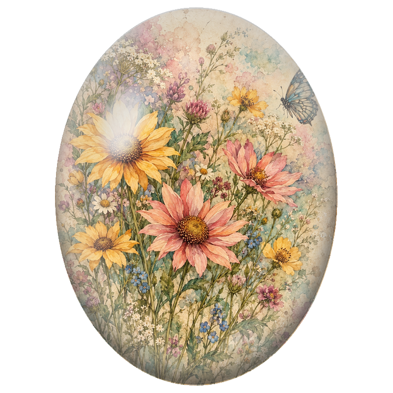 Cabochon en Verre Illustré Jardin Champêtre et Papillon Vintage 13x18, 18x25 ou 30x40mm