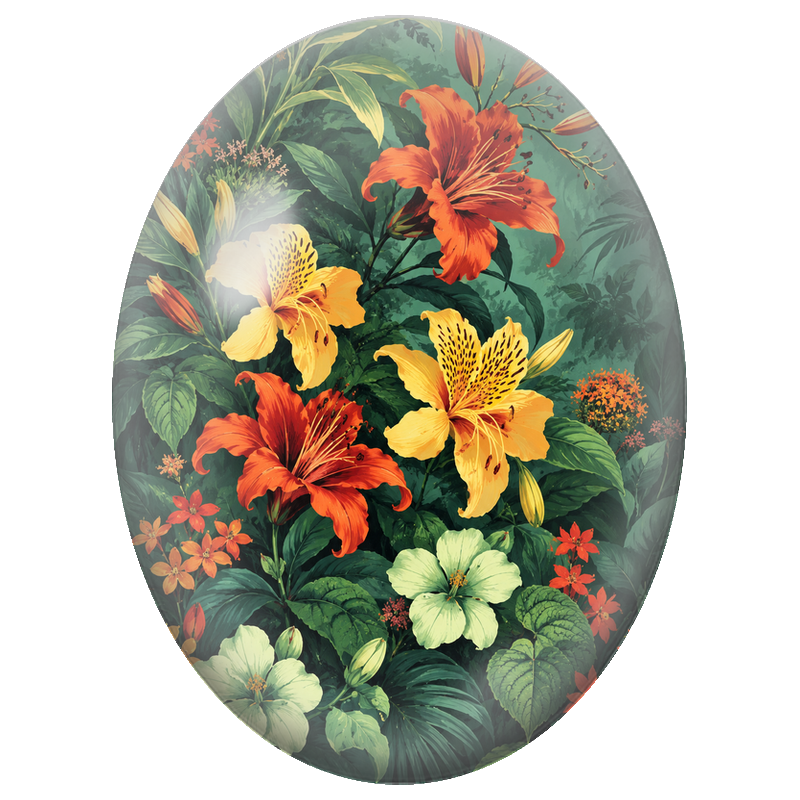 Cabochon en Verre Illustré Lys Orange et Jaunes dans un Feuillage Dense 13x18, 18x25 ou 30x40mm