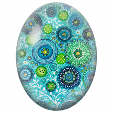Cabochon en Verre Illustré Fleurs Circulaires Bleues et Vertes Fantaisie 13x18, 18x25 ou 30x40mm - Pour la Création de Bijoux