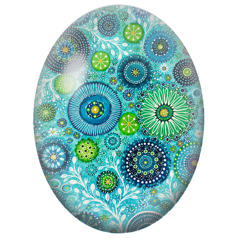 Cabochon en Verre Illustré Fleurs Circulaires Bleues et Vertes Fantaisie 13x18, 18x25 ou 30x40mm