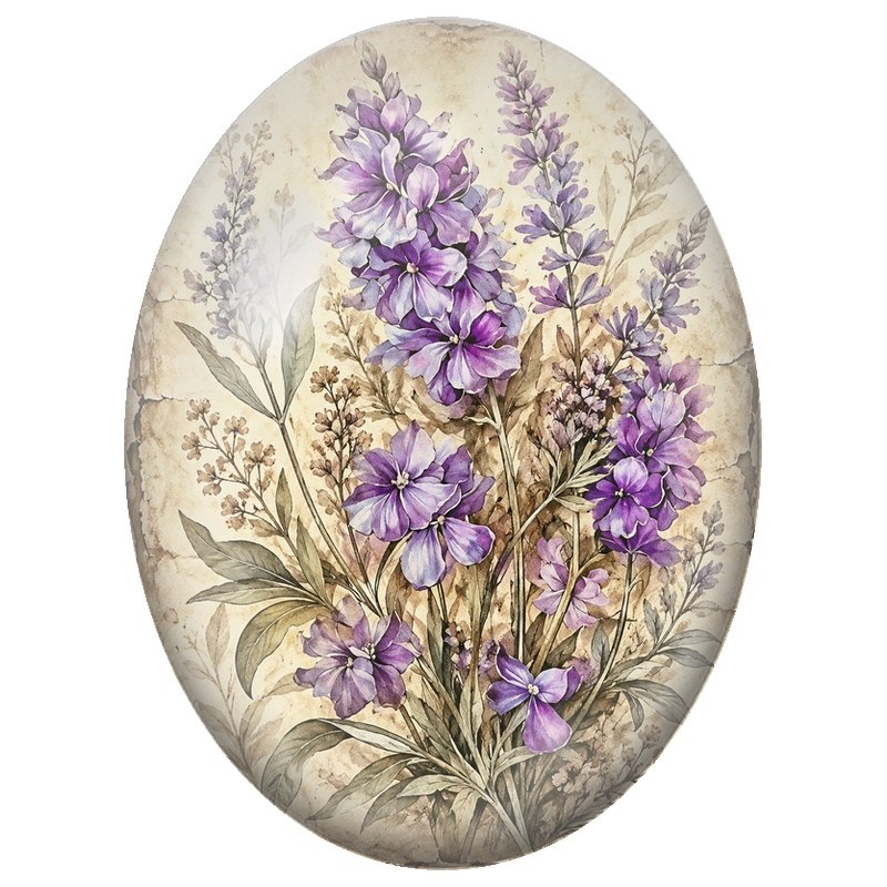 Cabochon en Verre Illustré Delphiniums Violets sur Fond Ancien 13x18, 18x25 ou 30x40mm
