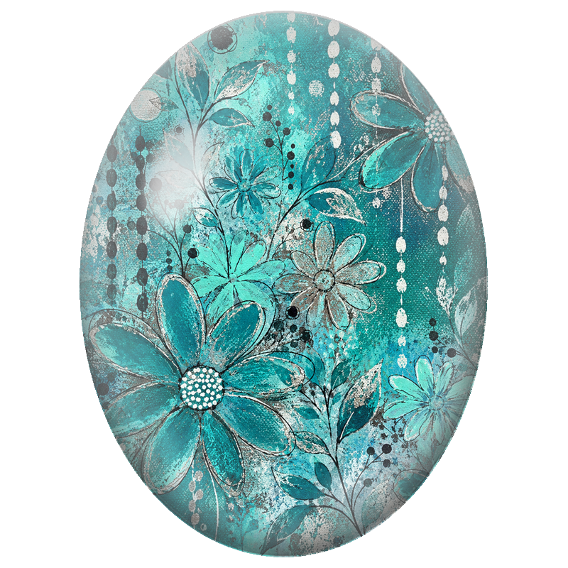 Cabochon en Verre Illustré Fleurs Turquoise sur Fond Texturé 13x18, 18x25 ou 30x40mm