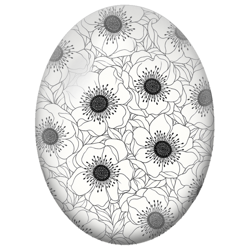 Cabochon en Verre Illustré Fleurs Blanches Dessinées en Noir 13x18, 18x25 ou 30x40mm