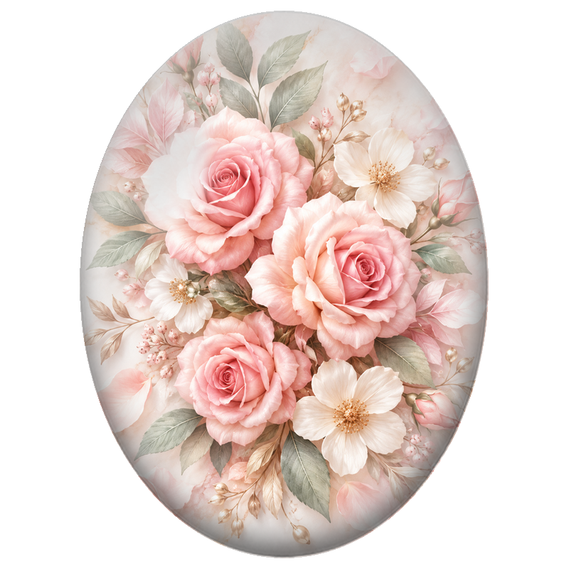 Cabochon en Verre Illustré Roses Roses et Fleurs Blanches Élégantes 13x18, 18x25 ou 30x40mm