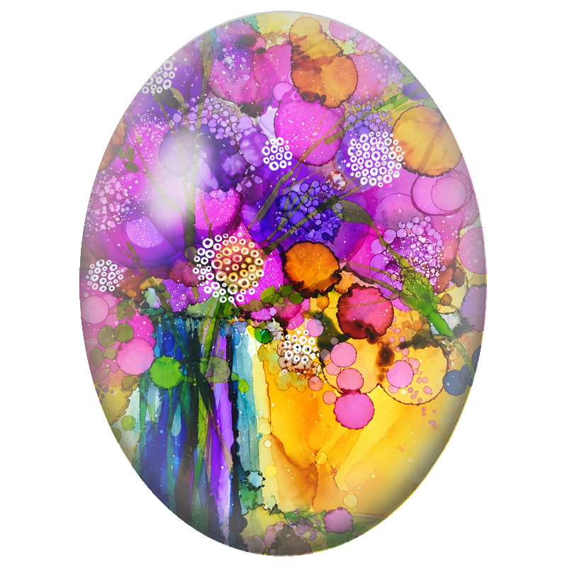 Cabochon en Verre Illustré Bouquet Abstrait Violet Orange et Rose 13x18, 18x25 ou 30x40mm