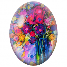Cabochon en Verre Illustré Bouquet Fantaisie Multicolore dans un Vase Bleu 13x18, 18x25 ou 30x40mm - Pour la Création de Bijoux