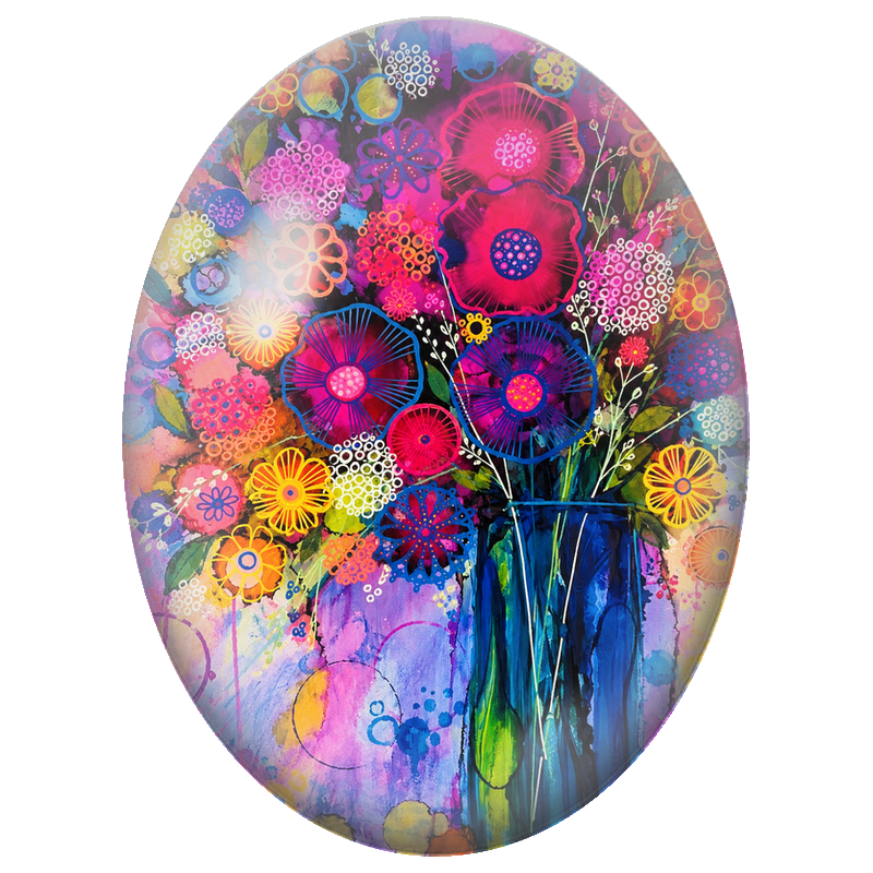 Cabochon en Verre Illustré Bouquet Fantaisie Multicolore dans un Vase Bleu 13x18, 18x25 ou 30x40mm