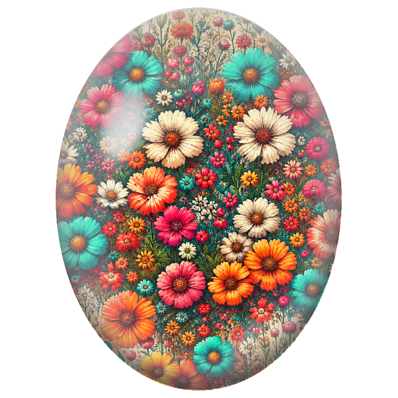 Cabochon en Verre Illustré Prairie de Marguerites Colorées 13x18, 18x25 ou 30x40mm