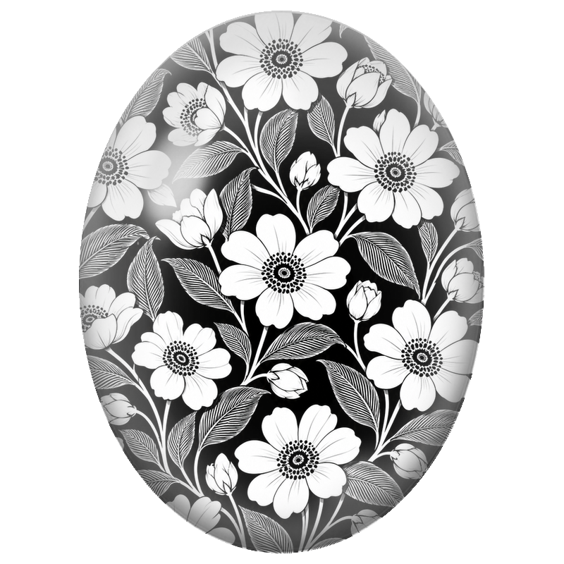 Cabochon en Verre Illustré Fleurs Blanches Graphiques sur Fond Noir 13x18, 18x25 ou 30x40mm