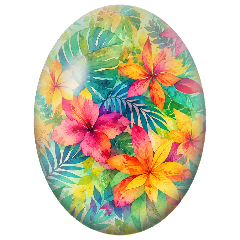 Cabochon en Verre Illustré Hibiscus et Feuillage aux Couleurs d’Automne 13x18, 18x25 ou 30x40mm