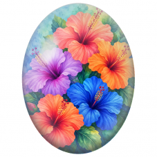 Cabochon en Verre Illustré Hibiscus Multicolores sur Fond Bleu 13x18, 18x25 ou 30x40mm - Pour la Création de Bijoux Fantaisie