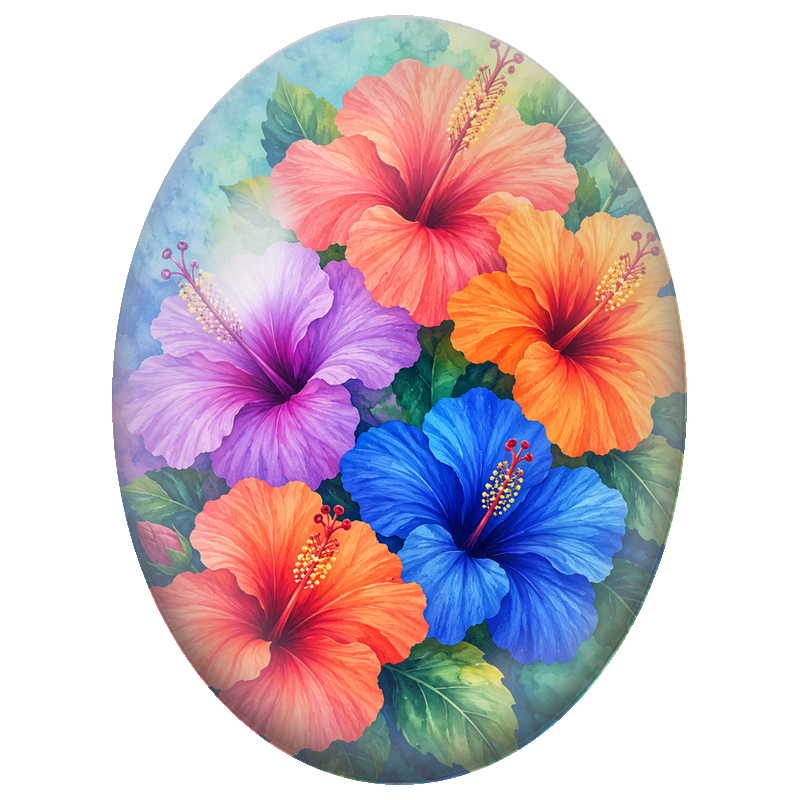 Cabochon en Verre Illustré Hibiscus Multicolores sur Fond Bleu 13x18, 18x25 ou 30x40mm