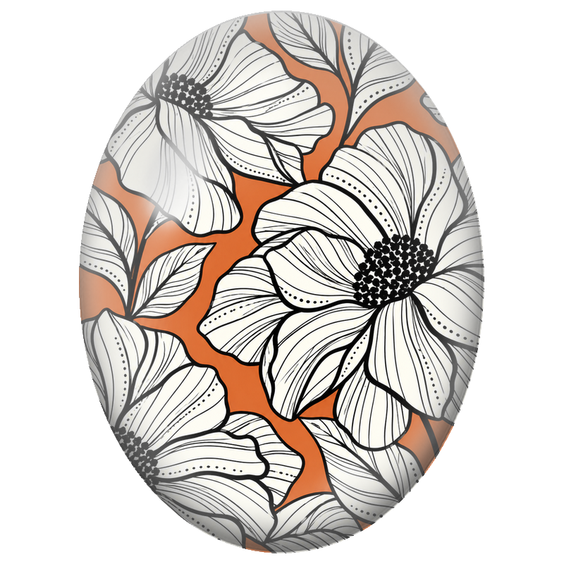 Cabochon en Verre Illustré Fleurs Blanches Dessinées sur Fond Orange 13x18, 18x25 ou 30x40mm