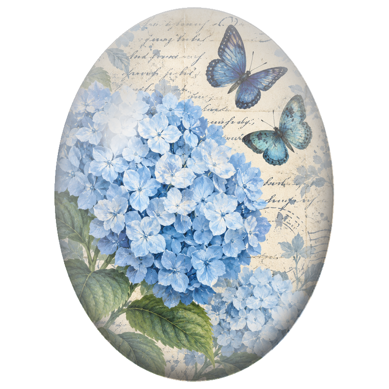 Cabochon en Verre Illustré Hortensias Bleus et Papillons Vintage 13x18, 18x25 ou 30x40mm