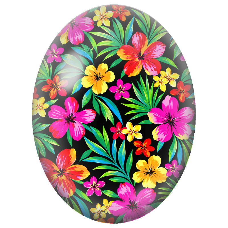 Cabochon en Verre Illustré Fleurs Tropicales Colorées sur Fond Noir 13x18, 18x25 ou 30x40mm