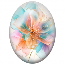 Cabochon en Verre Illustré Fleur Turquoise Pêche et Dorée 13x18, 18x25 ou 30x40mm - Pour la Création de Bijoux Fantaisie - DIY