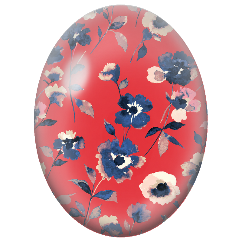 Cabochon en Verre Illustré Fleurs Bleu Nuit sur Fond Rouge 13x18, 18x25 ou 30x40mm