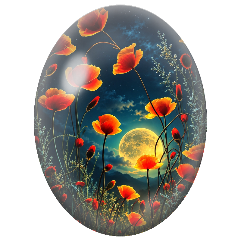 Cabochon en Verre Illustré Coquelicots Orange sous la Lune 13x18, 18x25 ou 30x40mm