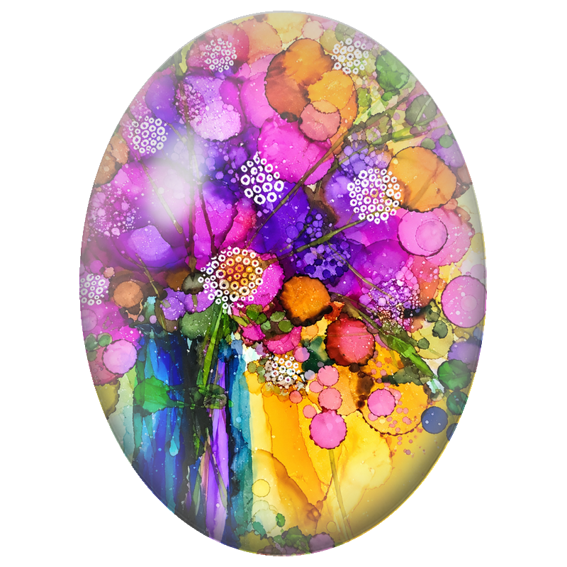 Cabochon en Verre Illustré Bouquet Abstrait Violet et Orange 13x18, 18x25 ou 30x40mm