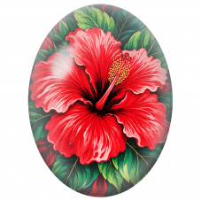 Cabochon en Verre Illustré Grand Hibiscus Rouge et Feuillage Vert 13x18, 18x25 ou 30x40mm - Pour la Création de Bijoux Fantaisie