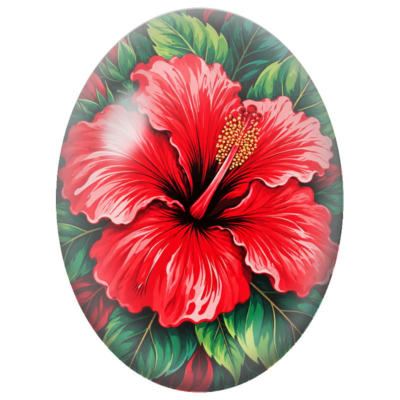 Cabochon en Verre Illustré Grand Hibiscus Rouge et Feuillage Vert 13x18, 18x25 ou 30x40mm