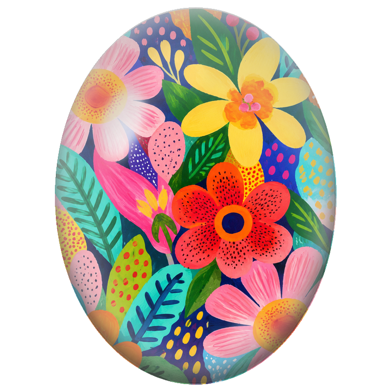 Cabochon en Verre Illustré Grandes Fleurs Naïves Colorées 13x18, 18x25 ou 30x40mm