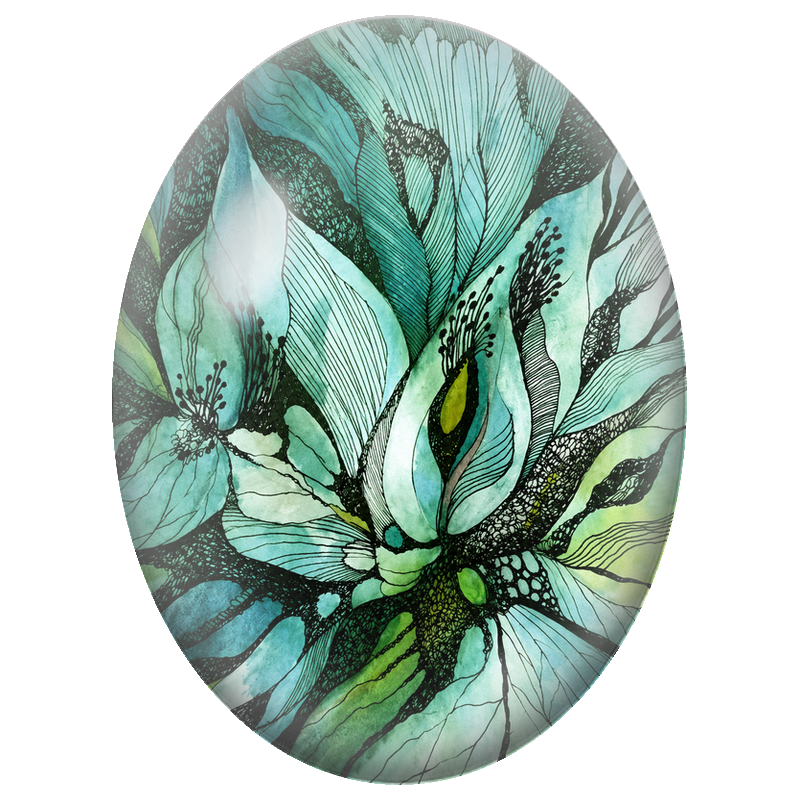 Cabochon en Verre Illustré Fleurs Turquoise Dessinées à l’Encre 13x18, 18x25 ou 30x40mm