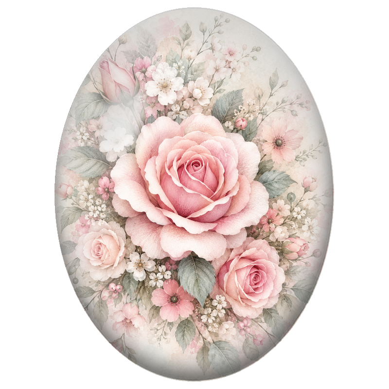 Cabochon en Verre Illustré Roses Roses et Petites Fleurs Pastel 13x18, 18x25 ou 30x40mm