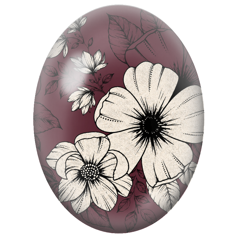 Cabochon en Verre Illustré Fleurs Ivoire sur Fond Bordeaux 13x18, 18x25 ou 30x40mm