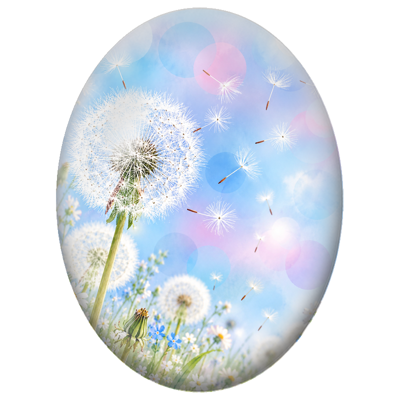 Cabochon en Verre Illustré Pissenlit au Vent sous un Ciel Pastel 13x18, 18x25 ou 30x40mm