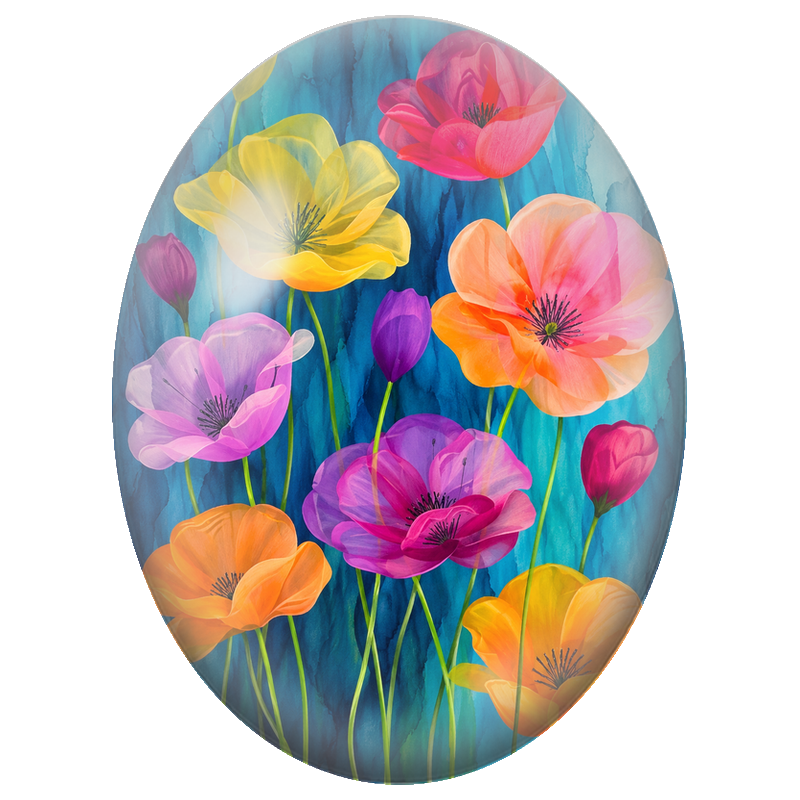 Cabochon en Verre Illustré Fleurs Transparentes Multicolores sur Fond Bleu 13x18, 18x25 ou 30x40mm
