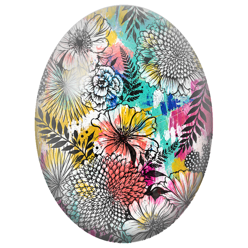Cabochon en Verre Illustré Fleurs Dessinées sur Fond Abstrait Coloré 13x18, 18x25 ou 30x40mm