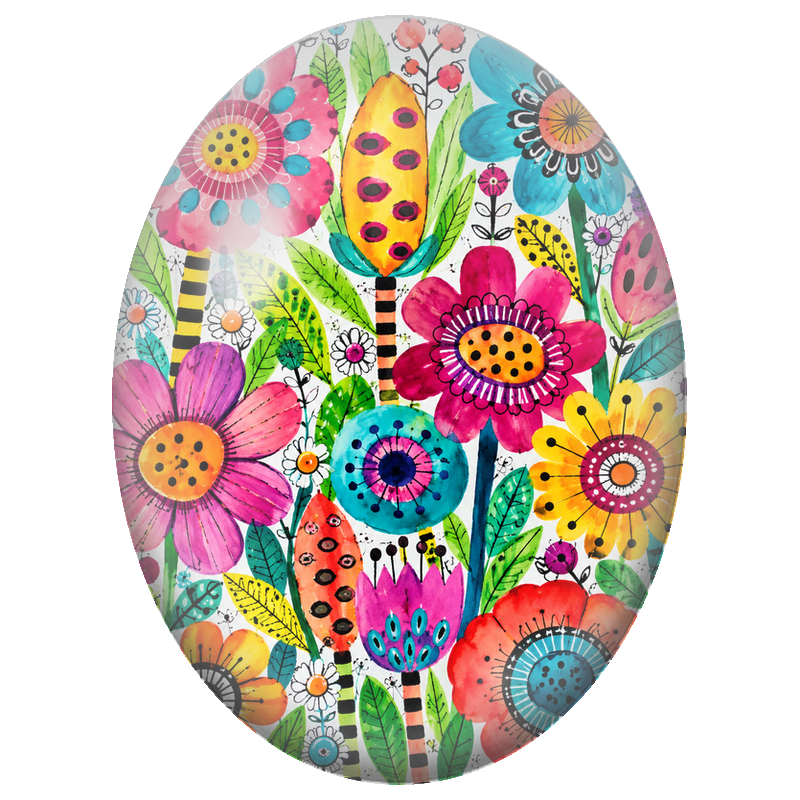 Cabochon en Verre Illustré Fleurs Naïves Multicolores 13x18, 18x25 ou 30x40mm