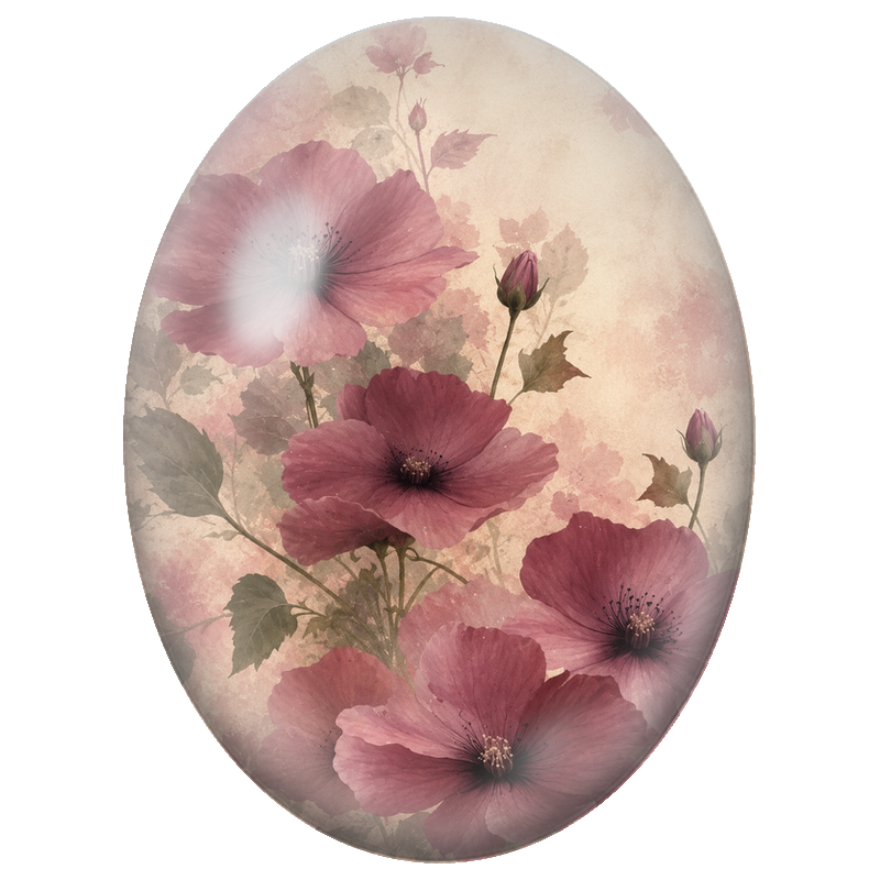 Cabochon en Verre Illustré Coquelicots Vieux Rose au Charme Vintage 13x18, 18x25 ou 30x40mm