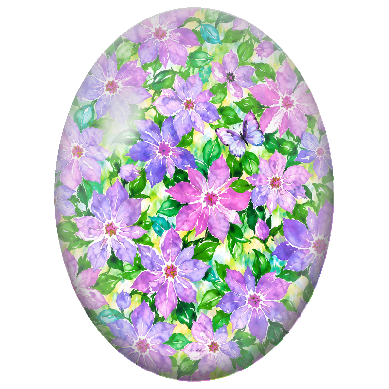 Cabochon en Verre Illustré Clématites Violettes et Papillon 13x18, 18x25 ou 30x40mm