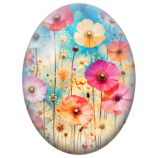 Cabochon en Verre Illustré Fleurs Multicolores sur Fond Turquoise 13x18, 18x25 ou 30x40mm - Pour la Création de Bijoux Fantaisie