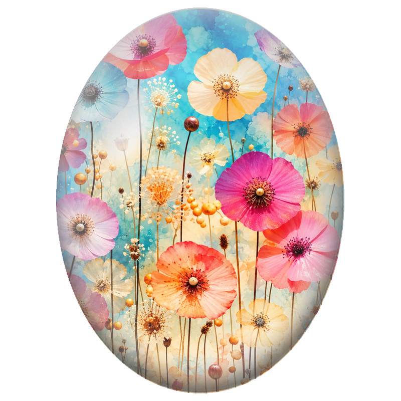 Cabochon en Verre Illustré Fleurs Multicolores sur Fond Turquoise 13x18, 18x25 ou 30x40mm